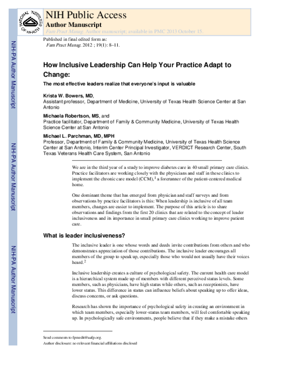 (PDF) How inclusive leadership can help your practice adapt to change