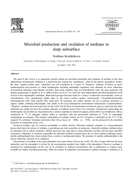 (PDF) Microbial production and oxidation of methane in deep subsurface