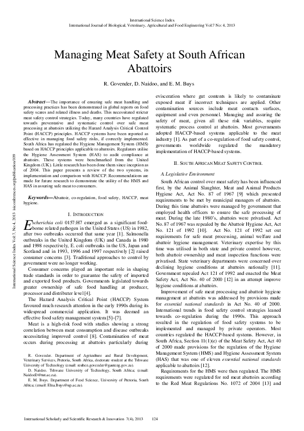 (PDF) Managing Meat Safety at South African Abattoirs