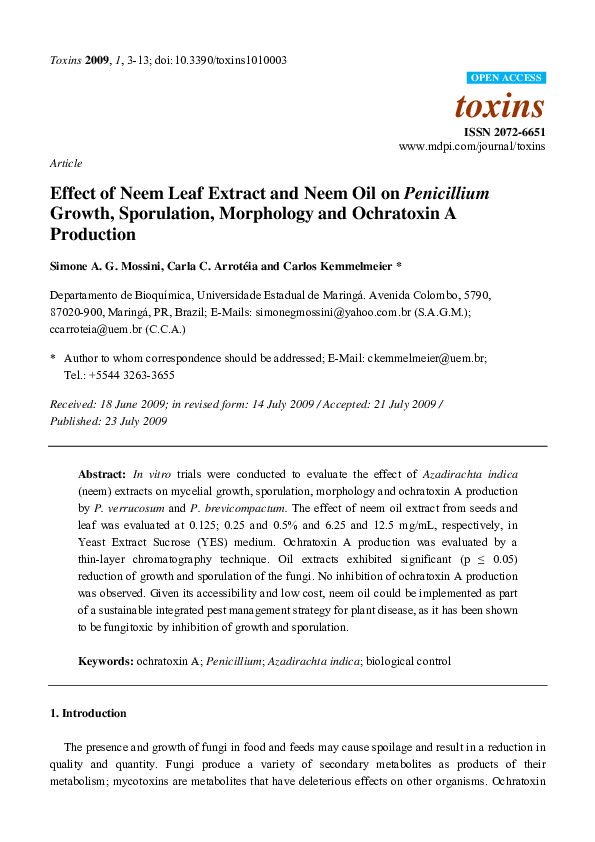 (PDF) Effect of Neem Leaf Extract and Neem Oil on Penicillium Growth