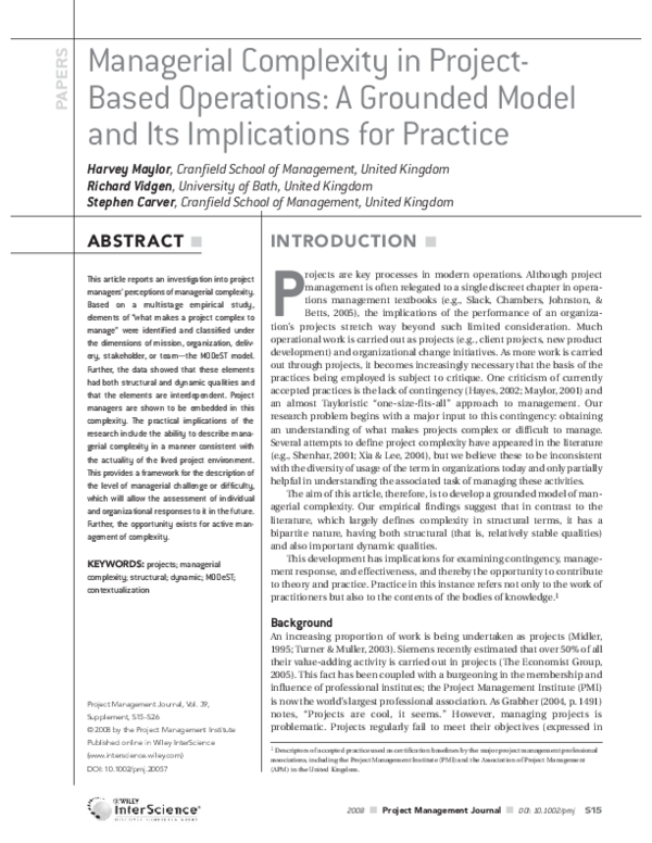 (PDF) Managerial complexity in project‐based operations: A grounded ...