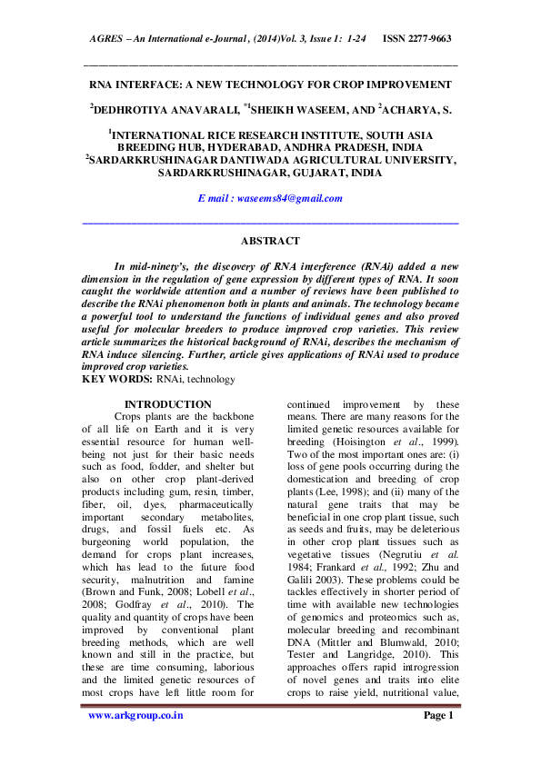 (PDF) RNA interference : A new technology for crop improvement