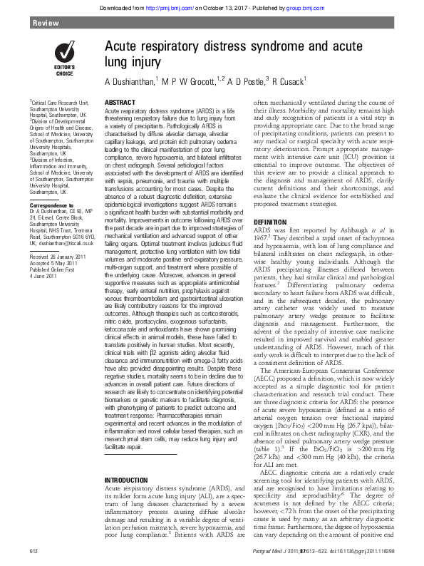 (PDF) Acute respiratory distress syndrome and acute lung injury
