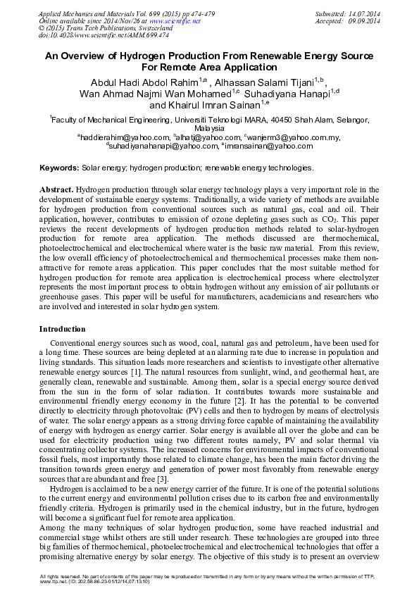 (PDF) An overview of hydrogen production from renewable energy source ...