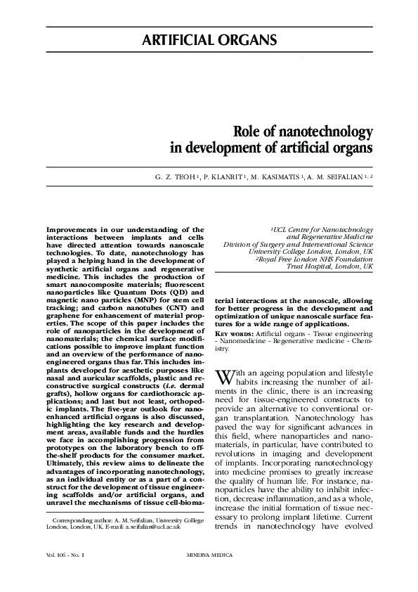 (PDF) Role of nanotechnology in development of artificial organs