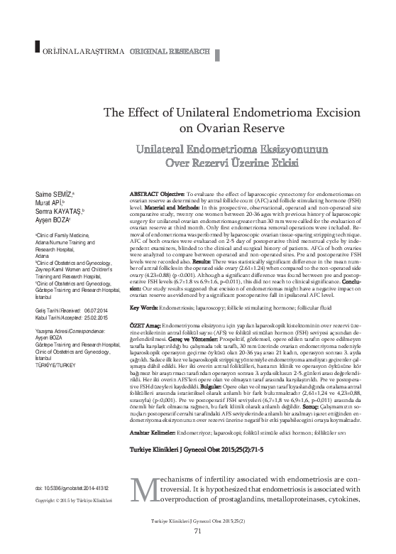 (PDF) The Effect of Unilateral Endometrioma Excision on Ovarian Reserve