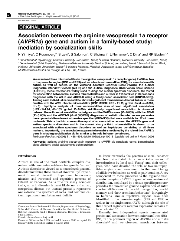 (PDF) Association between the arginine vasopressin 1a receptor (AVPR1a ...