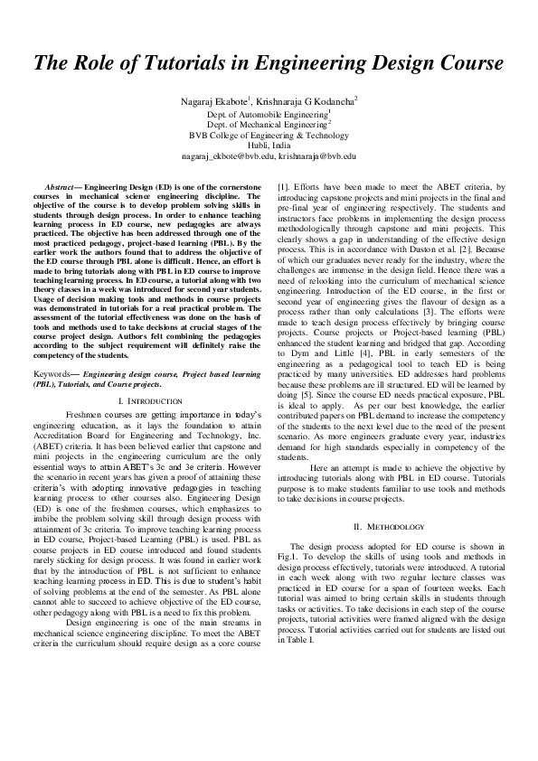 (PDF) The Role of Tutorials in Engineering Design Course