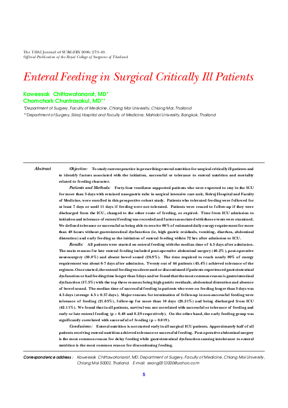 (PDF) Enteral Feeding in Surgical Critically Ill Patients