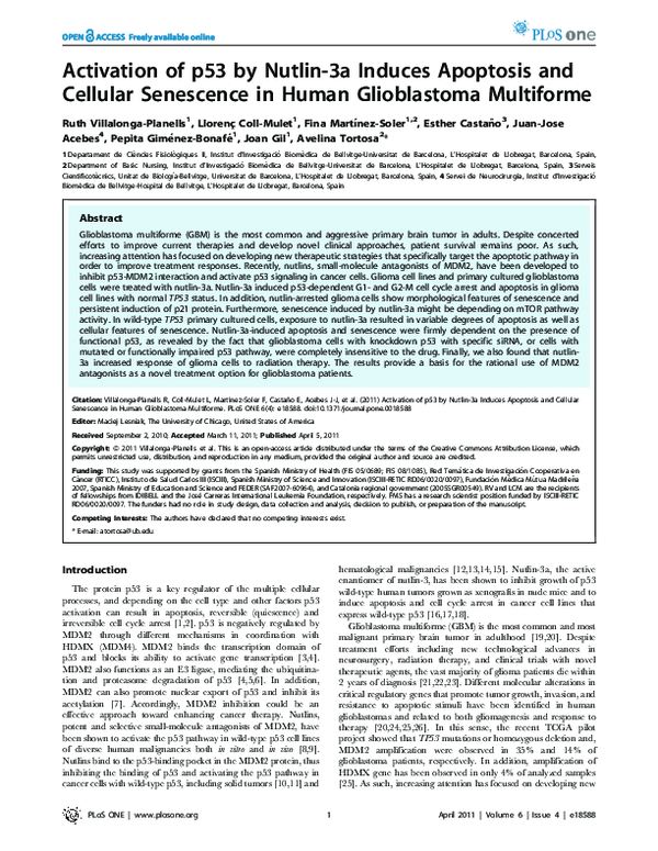 (PDF) Activation of p53 by nutlin-3a induces apoptosis and cellular ...