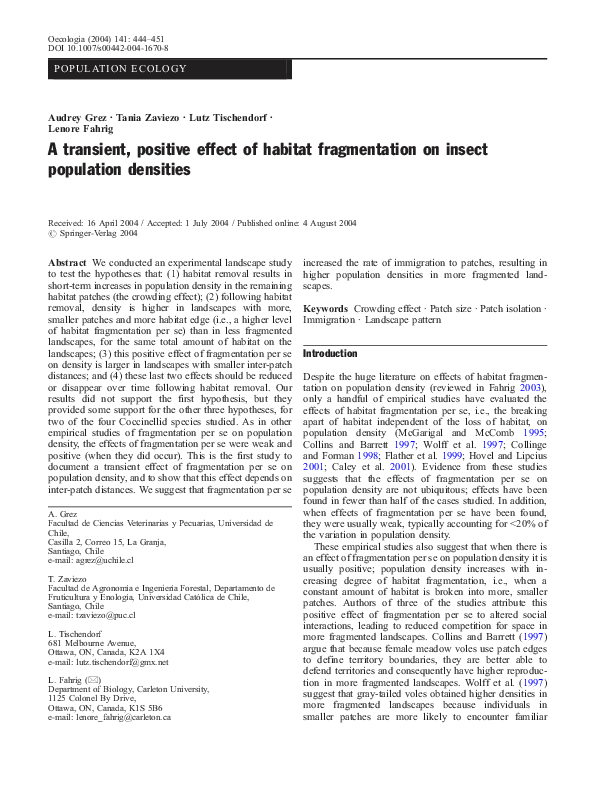 (PDF) A transient, positive effect of habitat fragmentation on insect ...