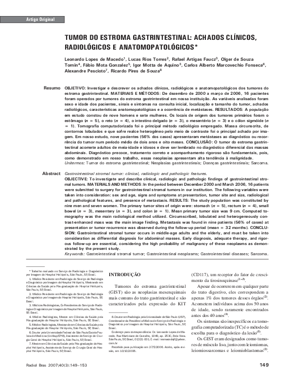 Tumor do estroma gastrintestinal: achados clínicos, radiológicos e anatomopatológicos