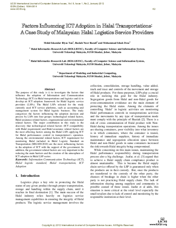 (PDF) Factors Influencing ICT Adoption in Halal Transportations: A Case ...