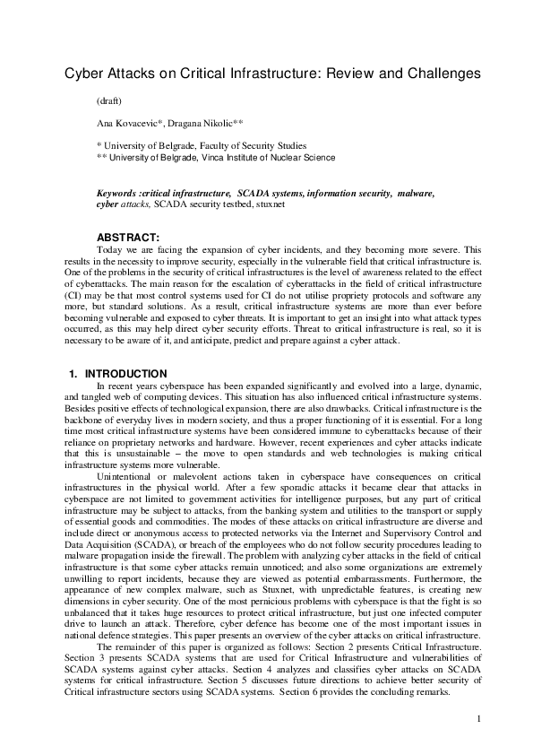 (PDF) Cyber Attacks on Critical Infrastructure