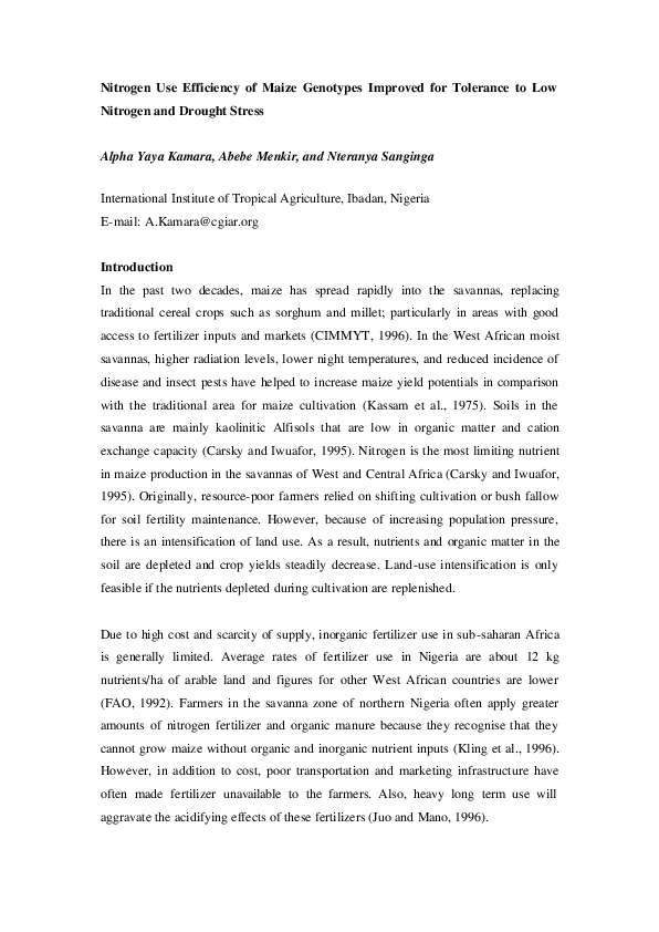 (PDF) Nitrogen Use Efficiency of Maize Genotypes Improved for Tolerance ...
