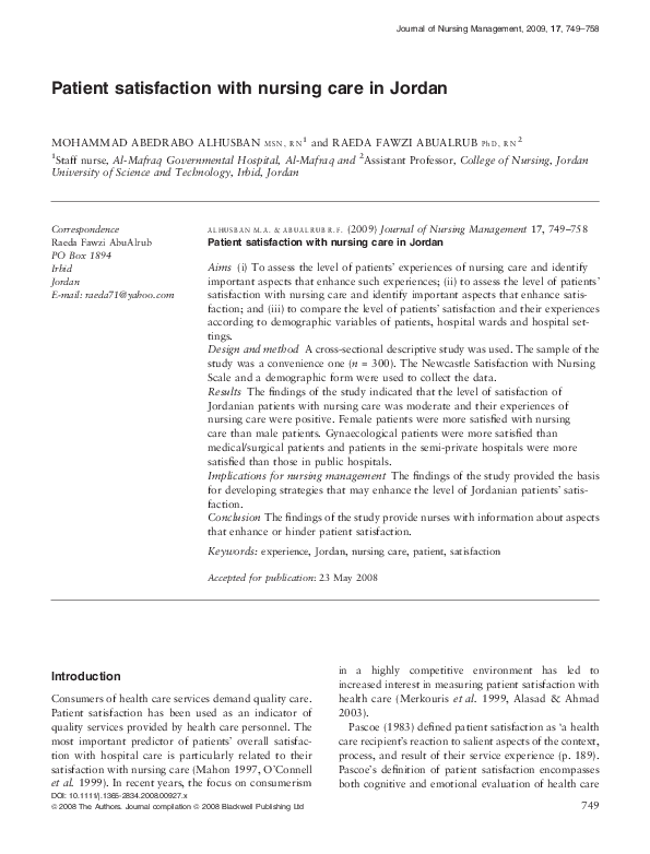 (PDF) Patient satisfaction with nursing care in Jordan