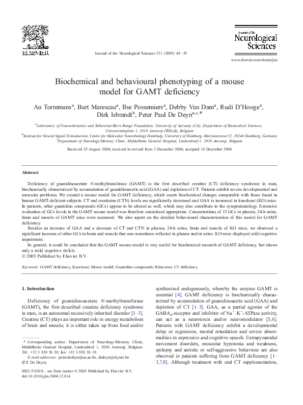 (PDF) Biochemical and behavioural phenotyping of a mouse model for GAMT ...