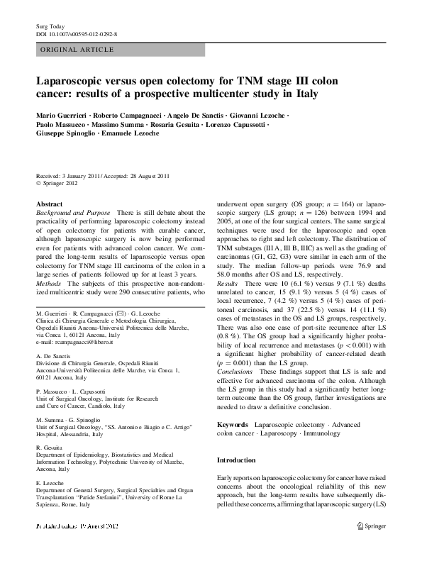 (PDF) Laparoscopic versus open colectomy for TNM stage III colon cancer ...