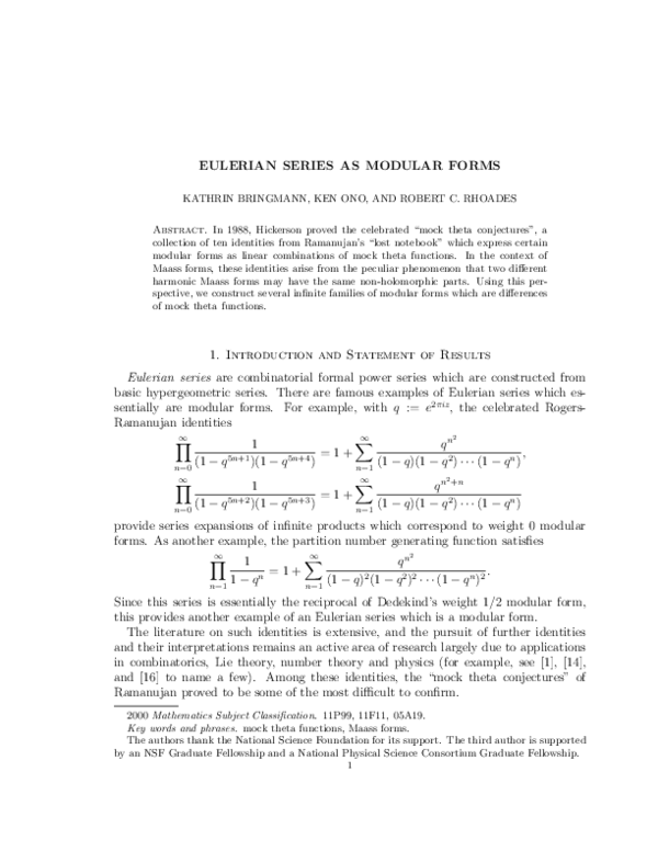 (PDF) Eulerian series as modular forms