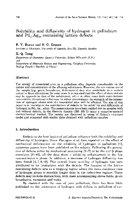 (PDF) Solubility and diffusivity of hydrogen in palladium and Pd77Ag23 ...