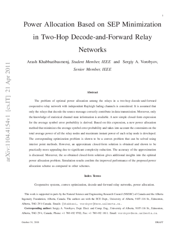 (PDF) Power allocation based on SEP minimization in two-hop decode-and ...