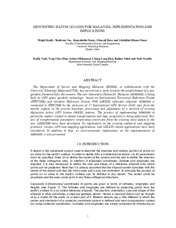 (PDF) Geocentric Datum GDM2000 for Malaysia: implementation andimplications