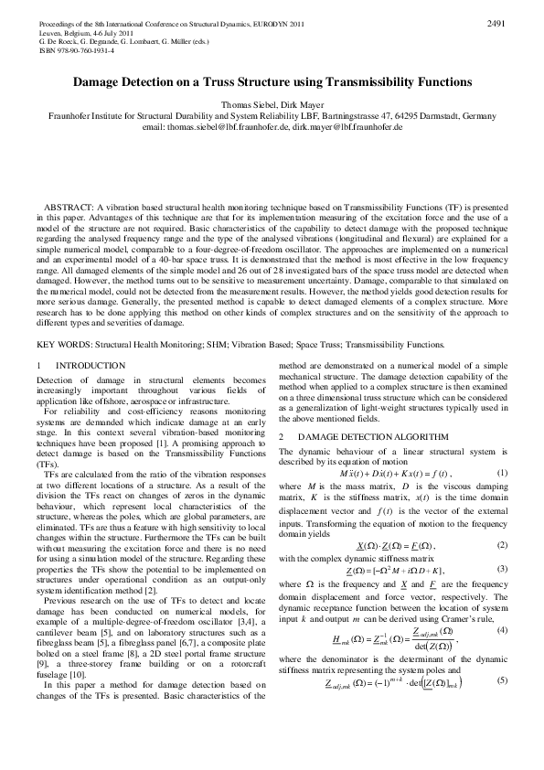 (PDF) Damage Detection on a Truss Structure using Transmissibility ...