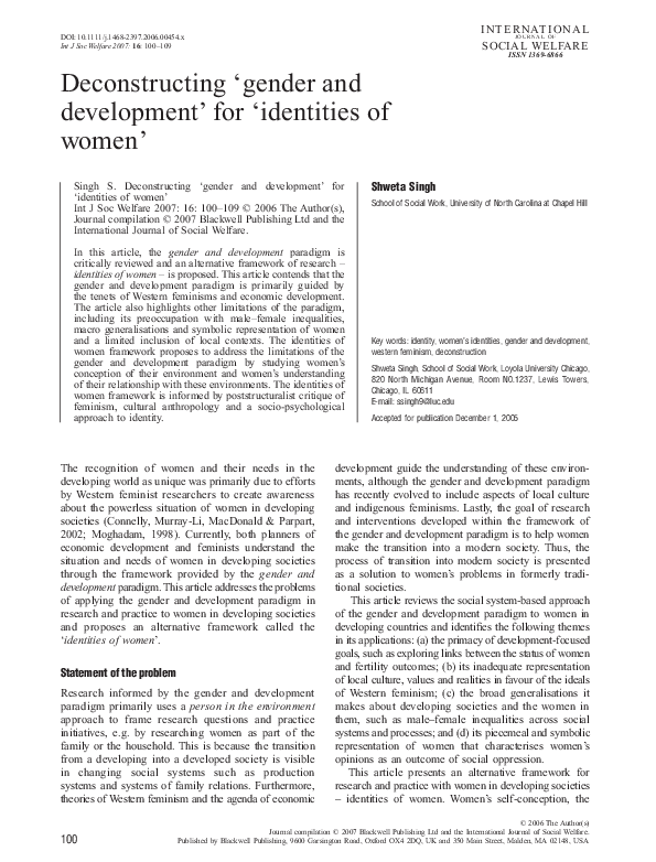 (PDF) Deconstructing 'gender and development'for 'identities of women