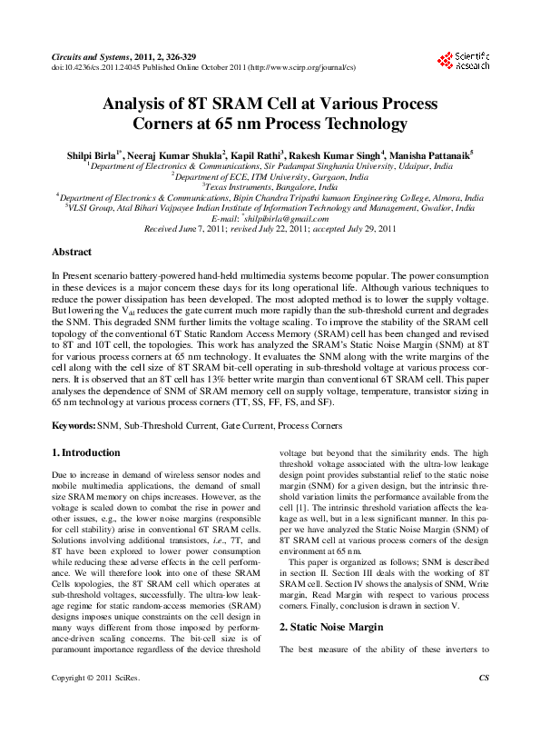 (PDF) Analysis Of 8t Sram Cell At Various Process Corners At 65nm ...