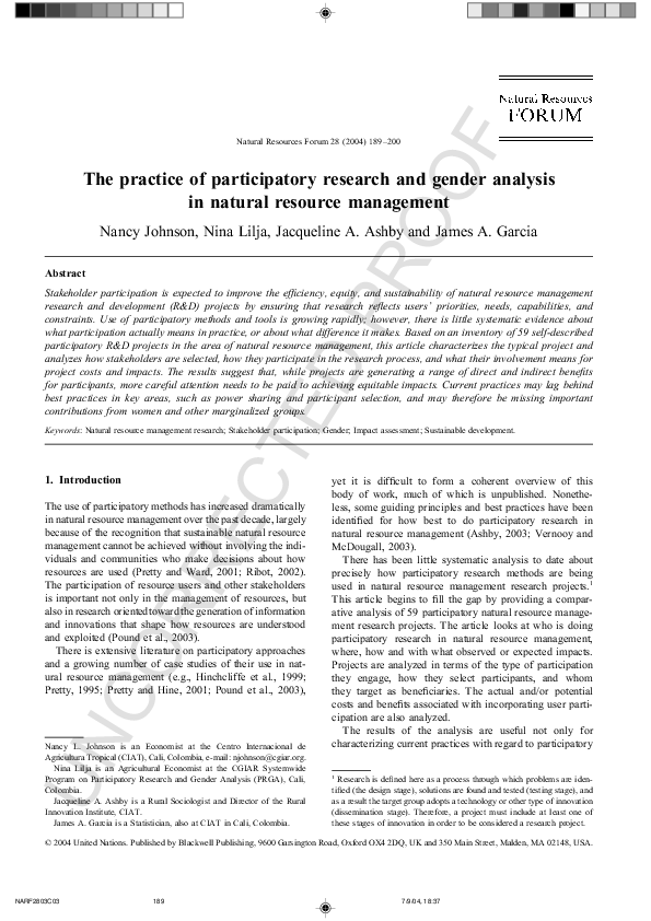 (PDF) The practice of participatory research and gender analysis in ...
