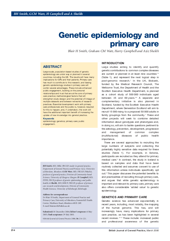 (PDF) Genetic Epidemiology and Primary Care