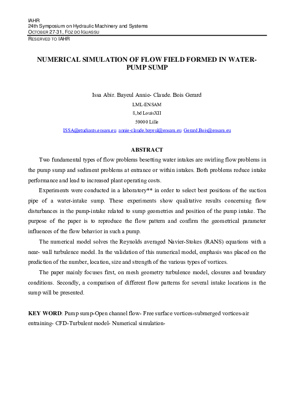 (PDF) Numerical Simulation of Flow Field Formed in Water Pump-Sump