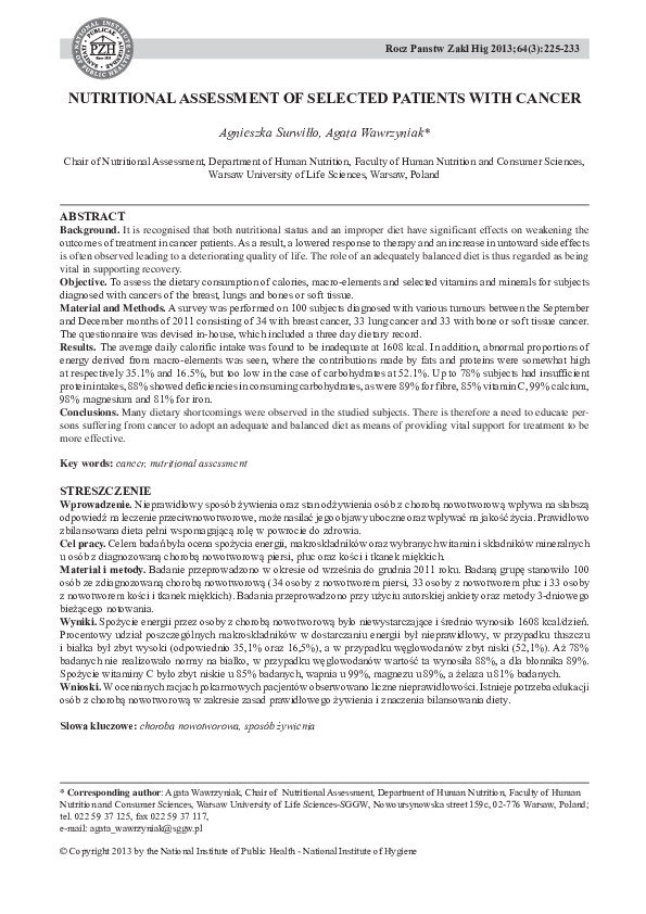 (PDF) Nutritional assessment of selected patients with cancer