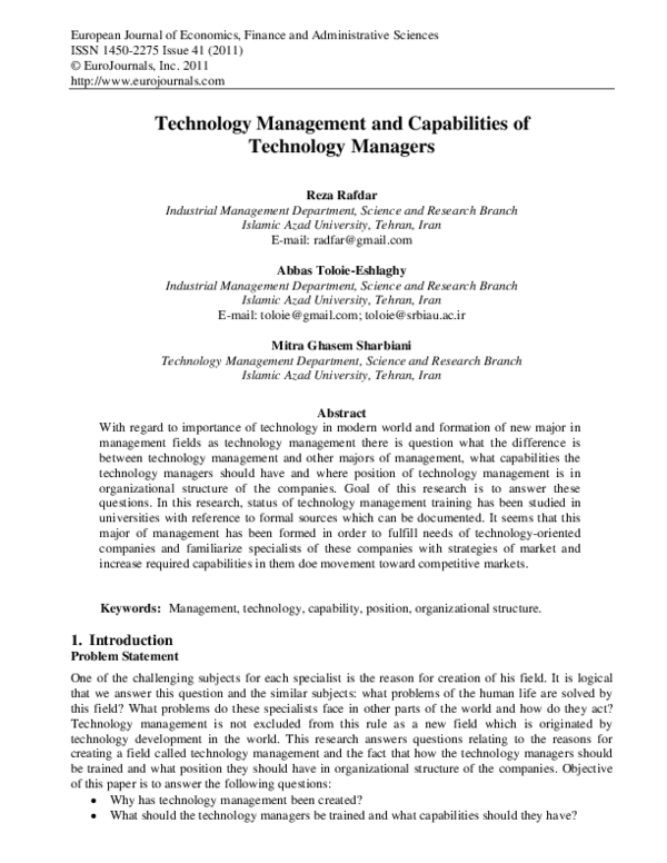 (PDF) Technology Management and Capabilities of Technology Managers
