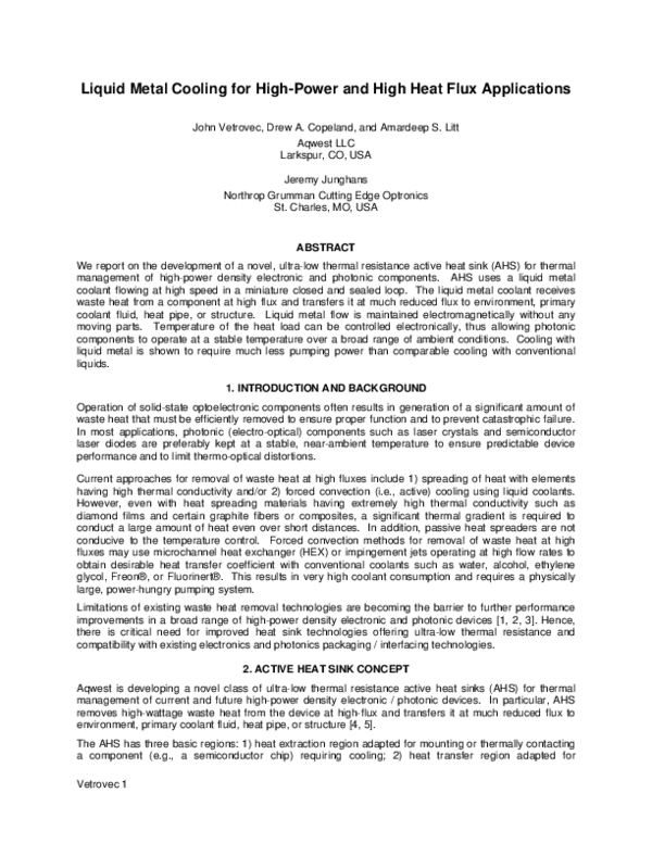 (PDF) Liquid Metal Cooling for HighPower and High Heat Flux
