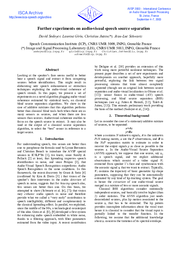 (PDF) Further experiments on audio-visual speech source separation
