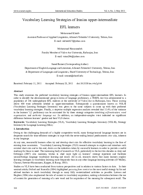 (PDF) Vocabulary Learning Strategies of Iranian upper-intermediate EFL ...