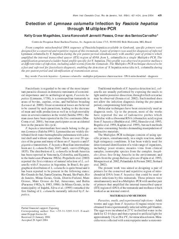 (PDF) Detection of Lymnaea columella infection by Fasciola hepatica ...