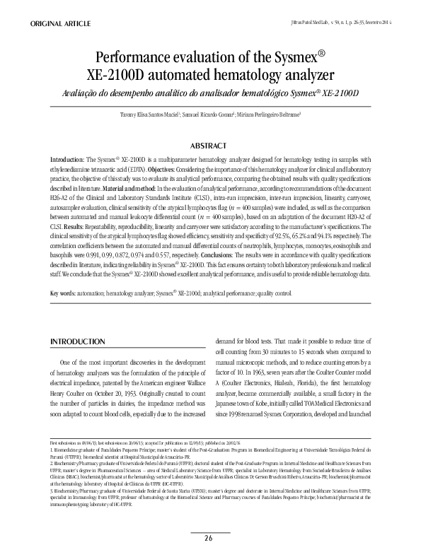 (PDF) Performance evaluation of the Sysmex ® XE-2100D automated ...