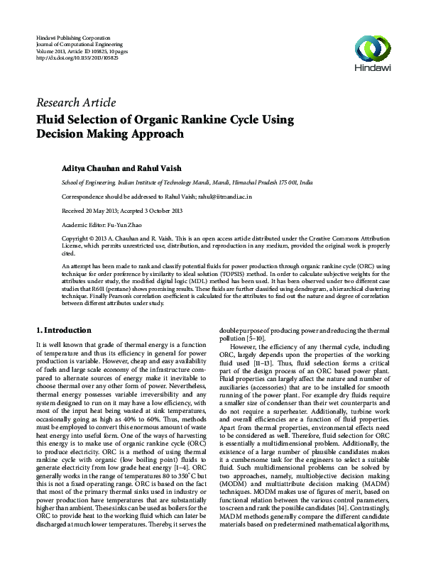 (PDF) Fluid Selection of Organic Rankine Cycle Using Decision Making ...