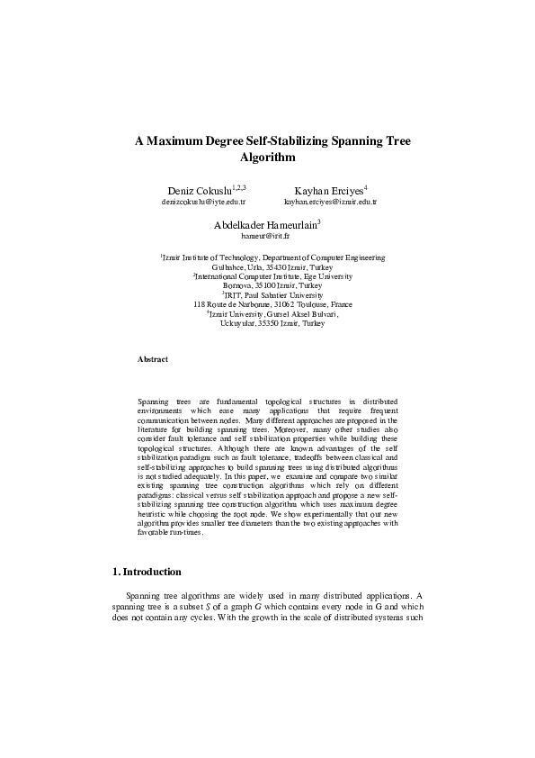(PDF) A Maximum Degree Self-Stabilizing Spanning Tree Algorithm ...