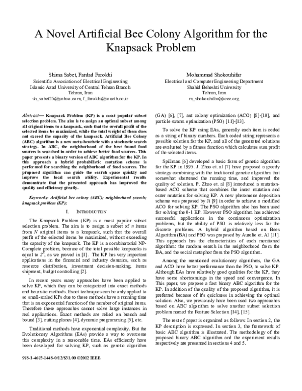 (PDF) A novel artificial bee colony algorithm for the knapsack problem