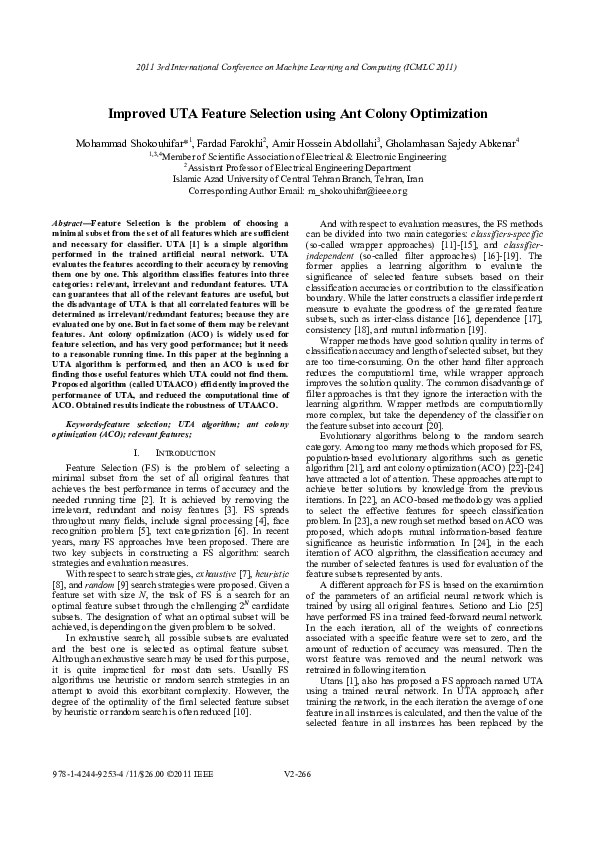 (PDF) Improved UTA Feature Selection using Ant Colony Optimization