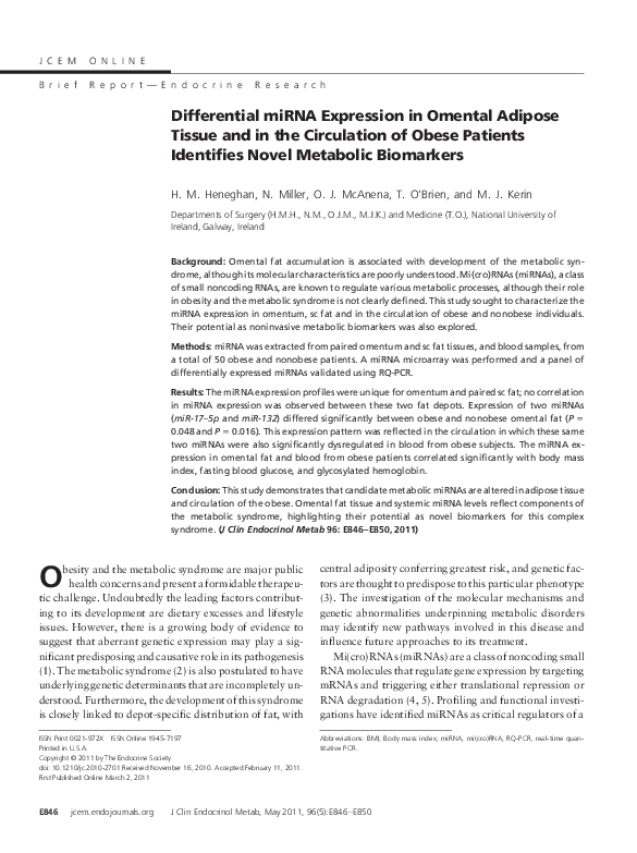 (PDF) Differential miRNA Expression in Omental Adipose Tissue and in ...