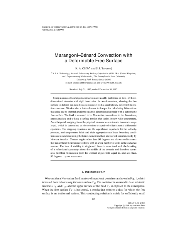 (PDF) Marangoni–Bénard Convection with a Deformable Free Surface