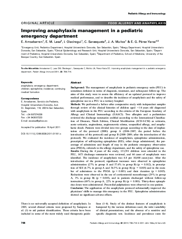 (PDF) Improving anaphylaxis management in a pediatric emergency department