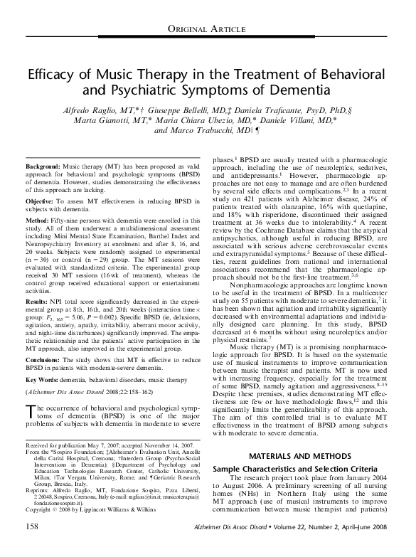 (PDF) Efficacy of Music Therapy in the Treatment of Behavioral and ...