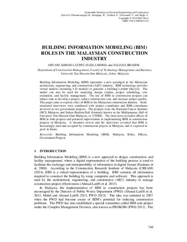 (PDF) Building Information Modeling (Bim) Roles in the Malaysian ...