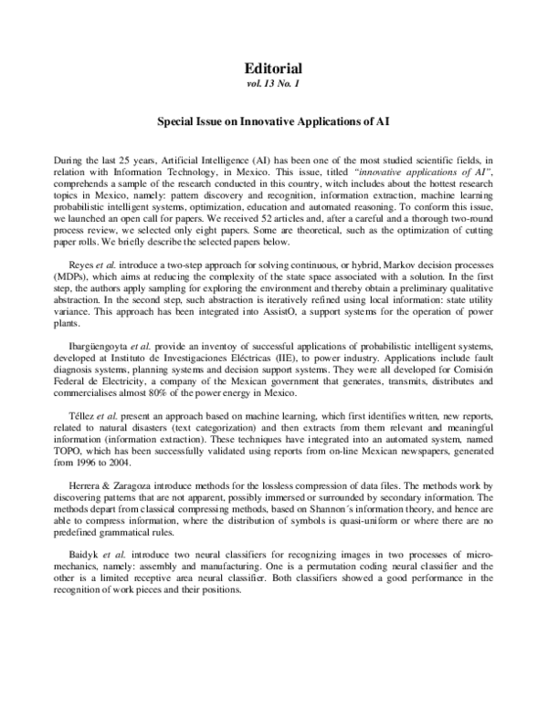 (PDF) Special Issue on Innovative Applications of AI