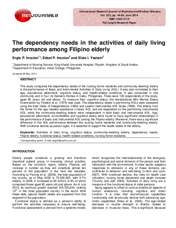 (PDF) The dependency needs in the activities of daily living performance among Filipino elderly